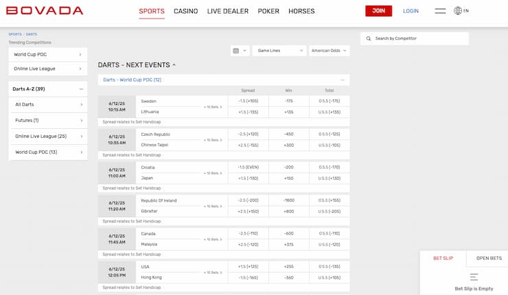 Odds display from Bovada, a major player among darts betting sites.